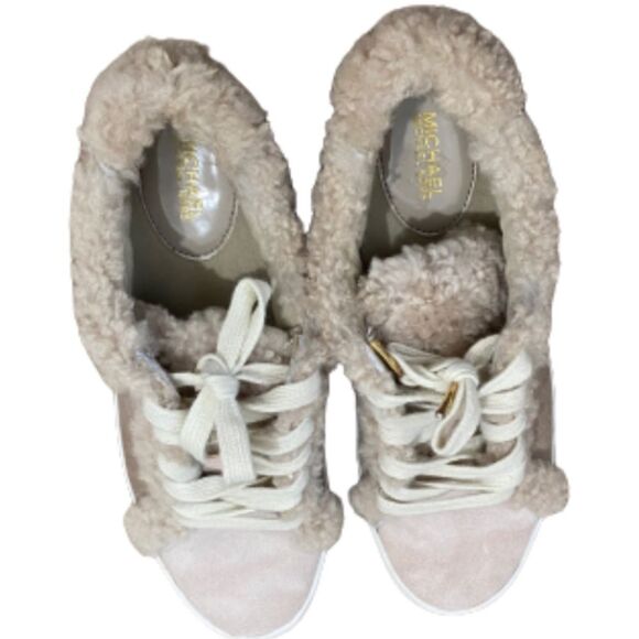 Michael Kors Women’s Poppy Suede Shearling Lace-Up Ivory Tan Sneakers Size 7.5 - Picture 2 of 12